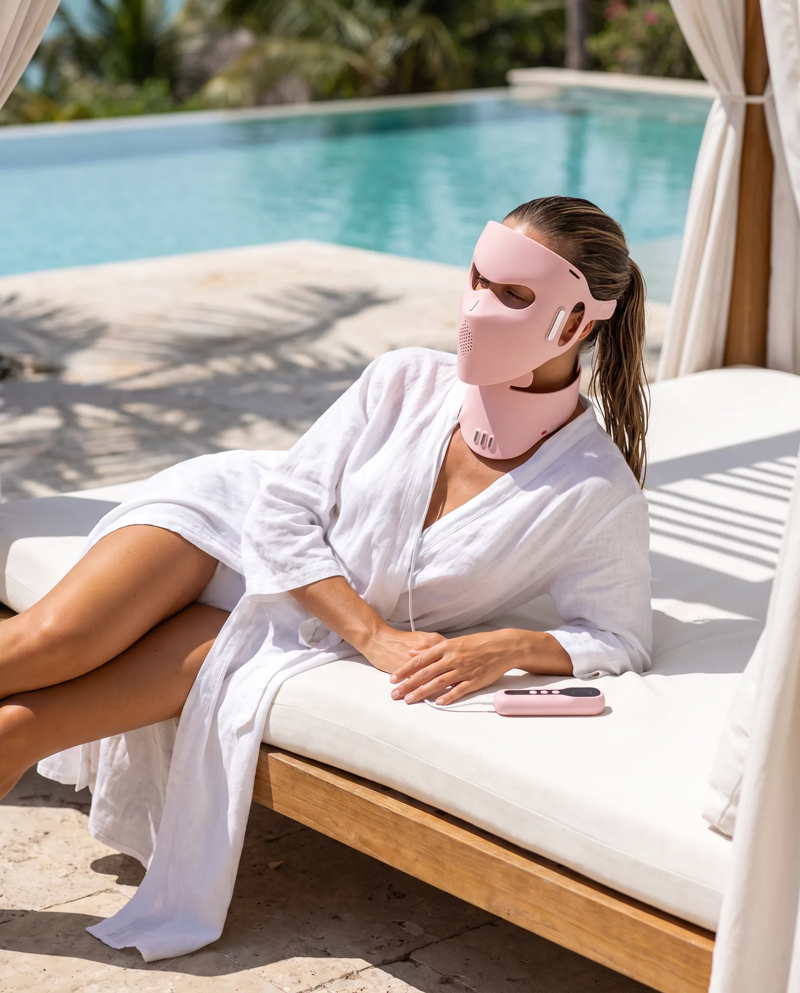 Model wearing the Eva mask, showing the Exact Fit contour